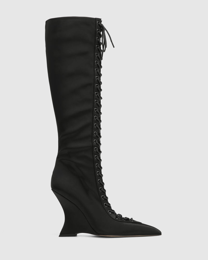Lacy black satin lace-up knee-high wedge boot by Naked Wolfe