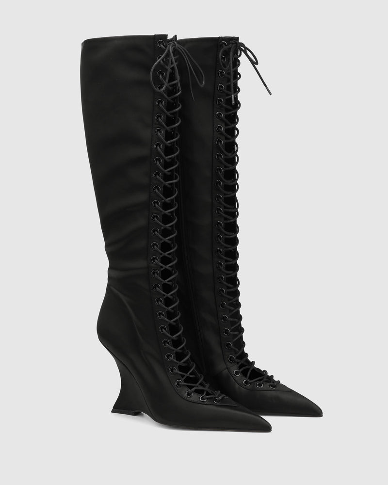 Lacy black satin lace-up knee-high wedge boot by Naked Wolfe